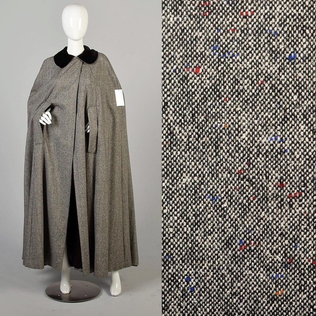 Wonderful 1970s Grey Full Length Wool Cape w Elaborate Braided Edge Detail