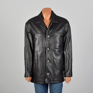 Large 2000s Guess Vintage Black Leather Jacket Heavyweight Winter Zip in Liner Coat
