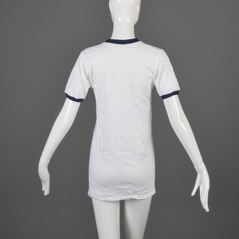 Small Deadstock 1970s Ringer Tee 70s T-Shirt TShirt White Cotton Navy Blue Ribbed Knit image 3