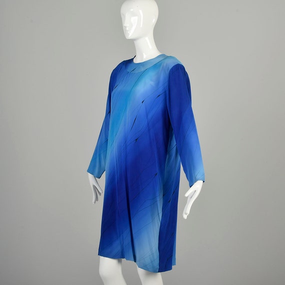 XL 1980s Blue Silk Dress Hand Painted Abstract Bl… - image 5