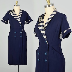 Large 1950s Dress Asymmetric Navy Striped Collar Day Dress Short Sleeve