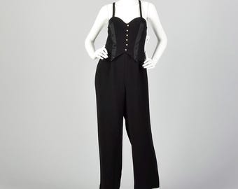 Medium 1980s Vintage Alberto Makali Jumpsuit Black Tuxedo Sleeveless Racerback