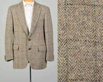 42R M 1980s Wool Harris Tweed Jacket Flecked Herringbone Light 