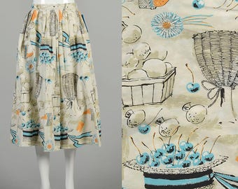 Medium 1950s Novelty Cotton Skirt Fruit Food Wine Kitchen Cooking Vegetables Restaurant Print Tea Length Midi Skirt