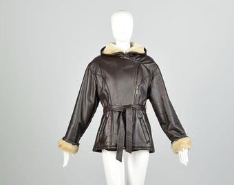 Small 2000s Vintage Brown Leather Jacket Faux Shearling Biker Coat Lined Hooded Zip