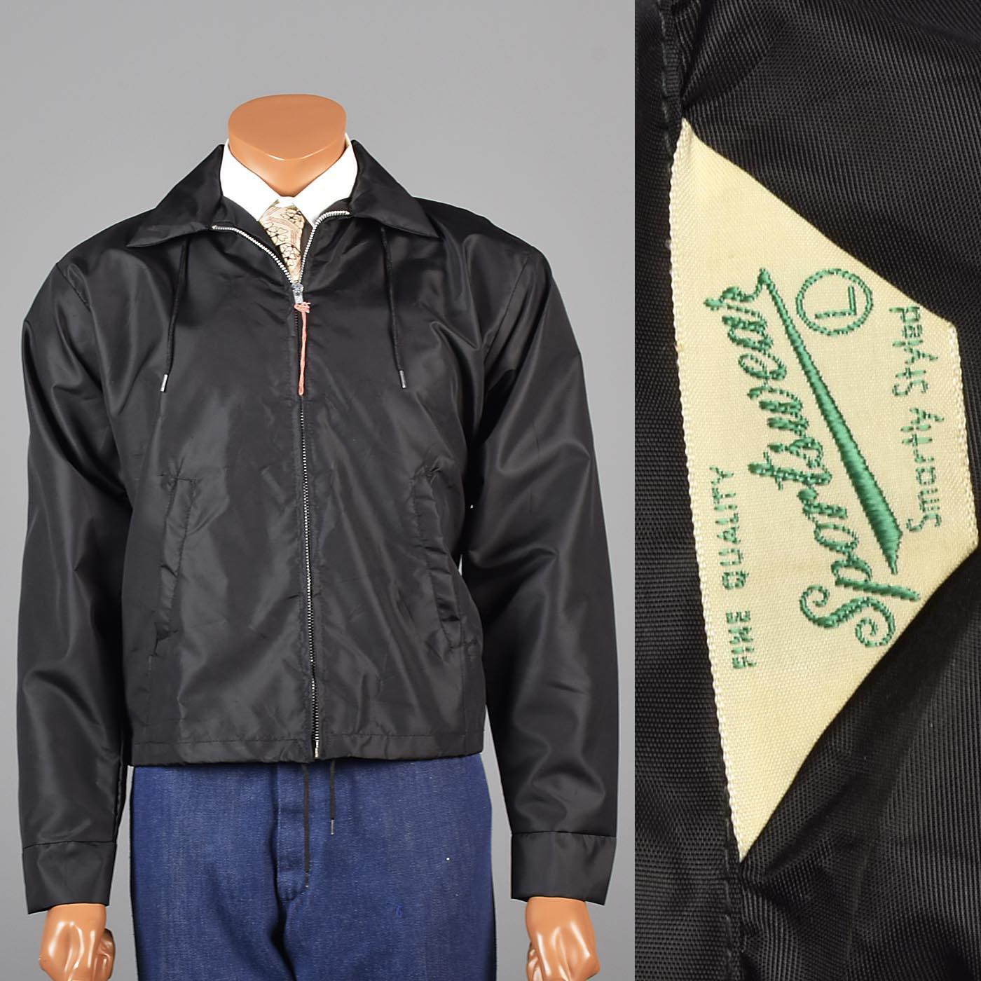 Deadstock 1960s Black Nylon Windbreaker Jacket Zip Front Hot