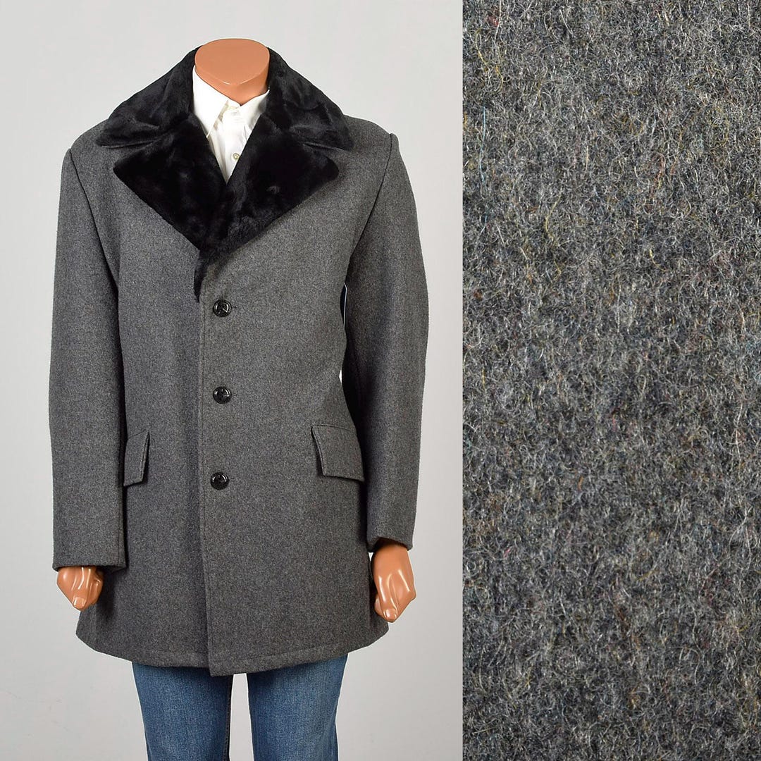 Large Vintage 1970s Gray Wool Coat Three Buttoned Faux Fur