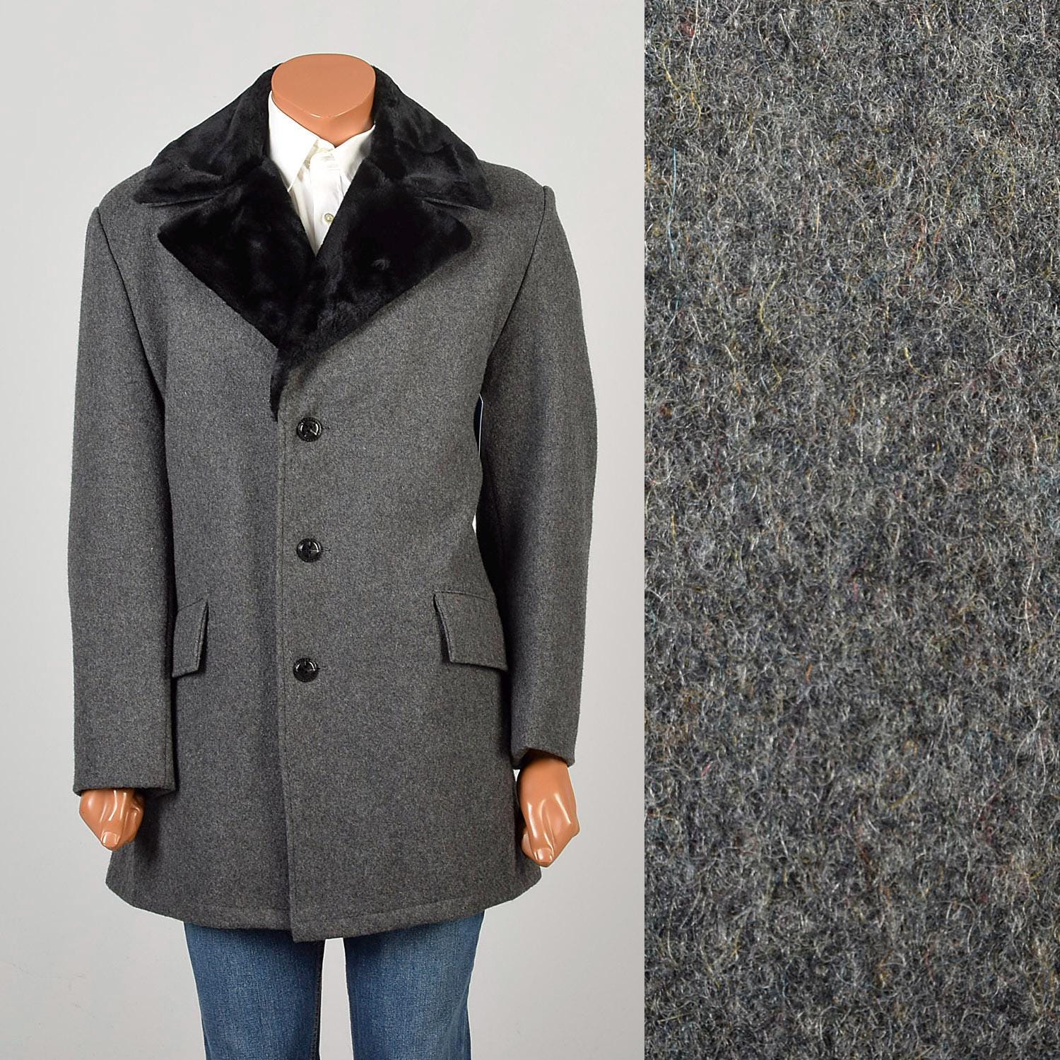 ESSAY（エッセイ） COLLAR LESS COAT　Grey Brown Large Vintage 1970s Gray Wool Coat Three Buttoned Faux Fur