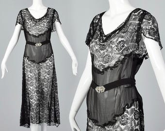 Small 1930s Sheer Black Lace Dress Art Deco Dress Vintage Lace Dress Sheer Cocktail Dress 30s Dress Deco Dress