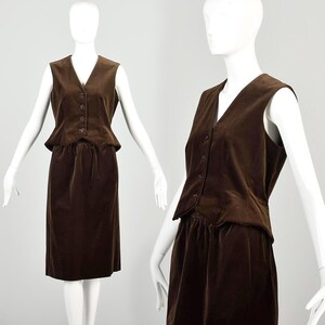 Small Vintage 1970s Halston Brown Velvet Two Piece Set Vest and Skirt Seperates