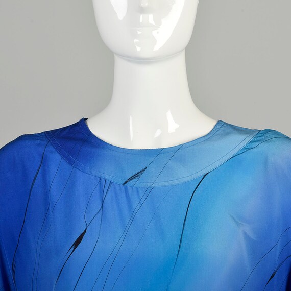 XL 1980s Blue Silk Dress Hand Painted Abstract Bl… - image 7