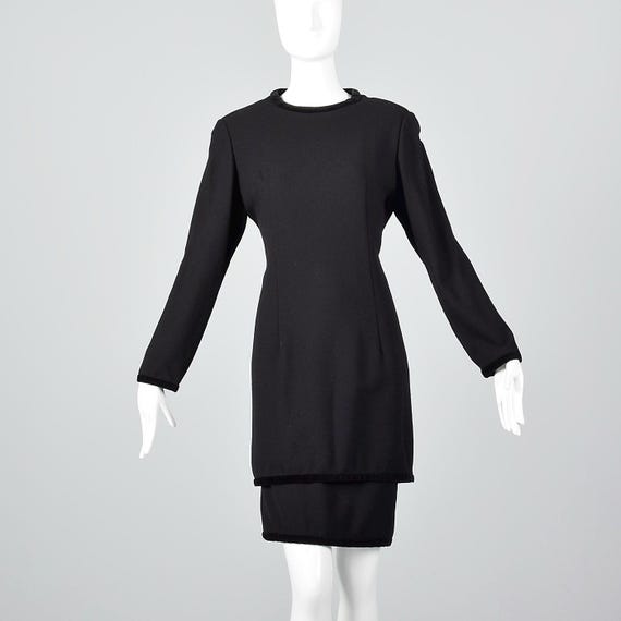 Valentino Boutique / Miss V, Small Valentino Miss V Black Pencil Dress Long Sleeve Dress Velvet Trim Black Wool Classic Timeless 1980s 80s Vintage