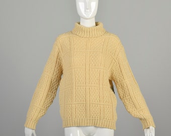 Medium 1960s Cream Sweater Wool Basketweave Chunky Knit Turtleneck Preppy Ivy League Fisherman Sweater