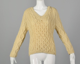 Small 1950s Cream Sweater Wool Cable Knit Fisherman Vintage Chunky Loose Weave Co