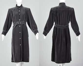 Casaco trench coat de veludo cinza da coleção russa Rive Gauche de Yves Saint Laurent, 1976, para primavera/outono, mangas compridas, tamanho pequeno, estilo vintage dos anos 70.