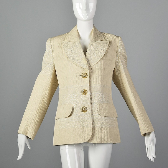 Christian Lacroix, Medium Christian Lacroix Ivory Jacket 1990s Silver Metallic Ivory Blazer Winter Holiday Separates