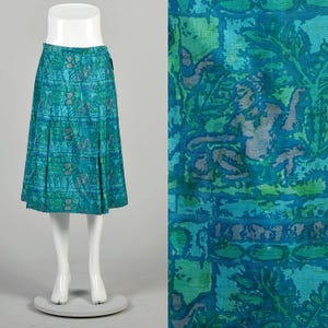Großer 1950s Petrol Rock Batik Grün Blau Grau Plisseer Knie Länge A-Linie Rock