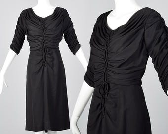Medium 1950s Black Rayon Dress Gathered Bodice Simple Vintage Dress Elbow Sleeves Scoop Neck Cocktail Evening 50s Vintage