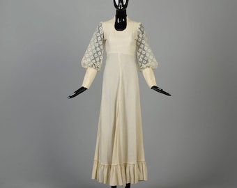 Vestido largo estilo hippie bohemio con mangas abullonadas y encaje color crema de los años 70, XXS