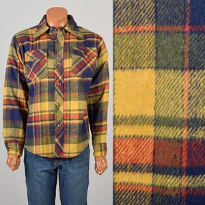 Large Vintage 1970s Yellow Blue Red Green Flannel Shirt Jacket Long Sleeved Front Pockets