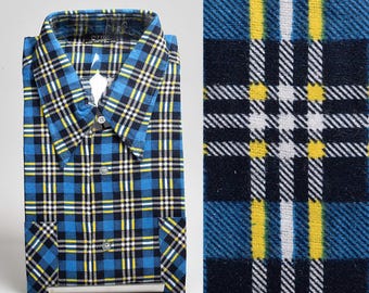 XL 1970s Mens Shirt Deadstock All Cotton Flannel Shirt Blue Plaid 100% Cotton Long Sleeve Button Up Heavy Flannel Duty Tailored
