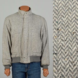 Large 1980s Vintage Grey and White Tweed Chevron Bomber Jacket Snap Front Ribbed Knit Pastel Rainbow Tweed Gray Oversized Bomber Jacket Mens