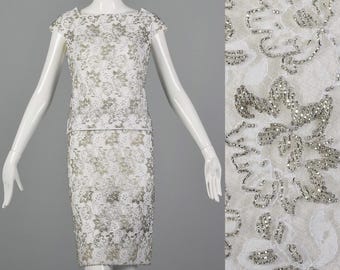XS jaren 60 tweedelige jurkset met kralen Vintage tweedelige trouwjurk jaren 60 witte jurkset met kralen Vintage bruiloft