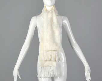 Wintersjaal, witte geribbelde gebreide sjaal met franjes, herfstaccessoire, winteraccessoire, jaren 80, vintage.