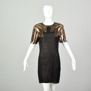 Medium 1990s Vintage Gold Black Sequin Cocktail Dress Keyhole Back Beaded Party Evening Chemise Dress