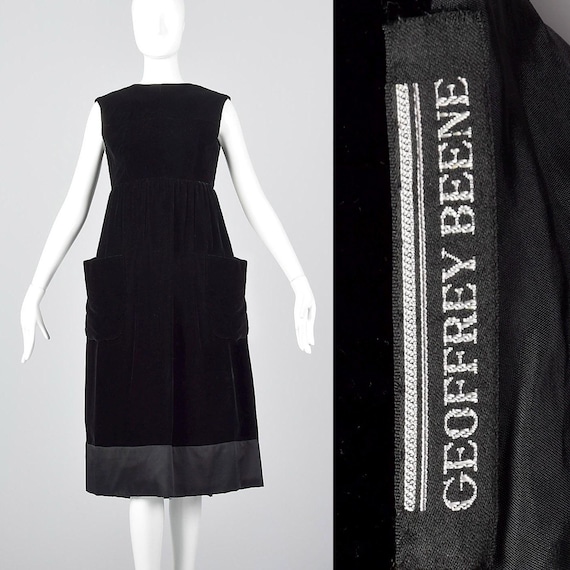 Geoffrey Beene, Medium 1960s Geoffrey Beene Black Velvet Dress Minimalist Winter Cocktail Dress Sleeveless Wrap Dress Simple Vintage Dress Empire Waist