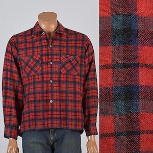 Mens Vintage 50s Red Plaid Wool Blend Shirt Long Sleeve Button Up Winter Shirt Mid Century Damaged