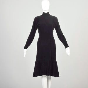 Small 1980s Dress Black Velvet Sexy Cocktail Party Evening Dress with Dramatic Ruffled Hem