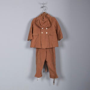 1940s Boys Outfit Winter Clothing Childrens Vintage 40s Brown Three Piece Set Coat Hat Suspenders Pants
