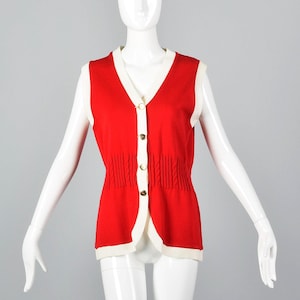 Medium 1960s Red Knit Vest Sleeveless Vest Button Front V Neck Fall Winter Separates Layering 60s Vintage
