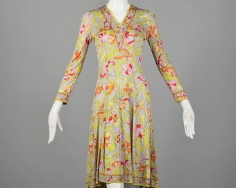 XXS 1960s Emilio Pucci Dress Signature Print Long Sleeve Silk Rayon Jersey