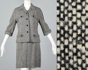 XS 1960s Tweed Skirt Suit Red Lining Wool Tweed Separates Midcentury Skirt Suit Matching Separates Pencil Skirt Black White 60s Vintage