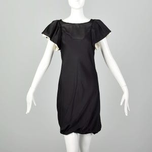 Small Vintage 2000s Dress LBD Little Black Bubble Hem Dress Sheer Neckline Puff Sleeve Bold Shoulder Silk Office Cocktail Cute Sexy Dress