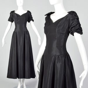 Small Long Party Dress Black Goth Prom Boned Rhinestone Bows 80s Vintage Dress New Years Formal