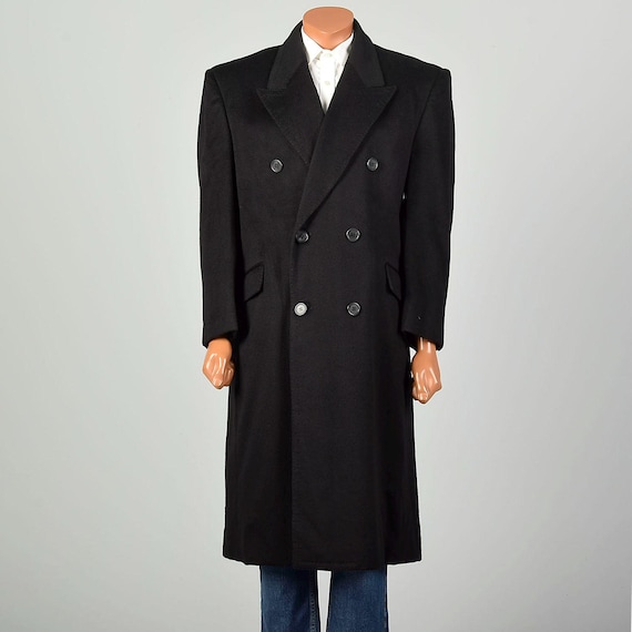Large Vintage 1940s Black Cashmere Overcoat Wide Shoulders Peaked