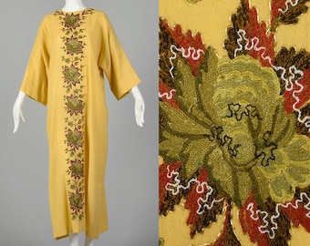 OSFM Yellow Kaftan 1970s Bohemian Floral Embroidery Fall Autumn 70s Boho Long Sleeve Maxi Dress