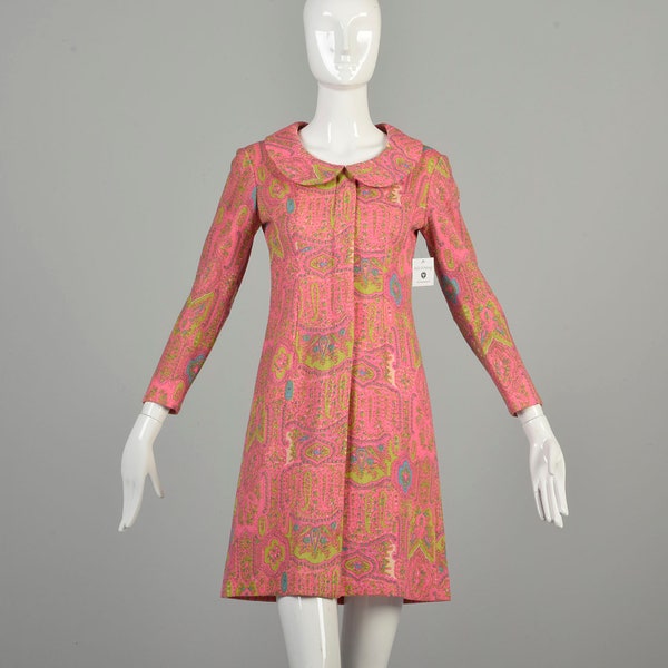Small 1970s Hot Pink Tweed Dress Mini Long Sleeve Peter Pan Collar Zip Front Psychedelic Paisley Mod Dress