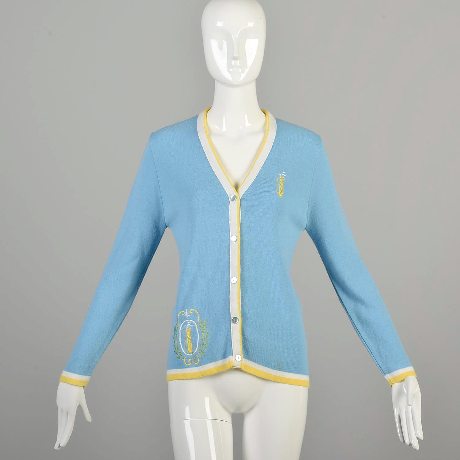 Small 1960s Vintage Cardigan Sweater Baby Blue Light Yellow