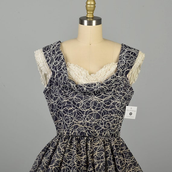 Small 1950s Flocked Party Dress Navy Blue White S… - image 5