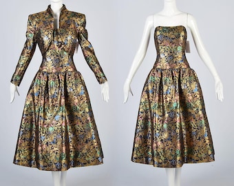 Vintage 1980s Victor Costa Gold Lamé Floral Brocade Tea Length Strapless Dress Set with Jacket