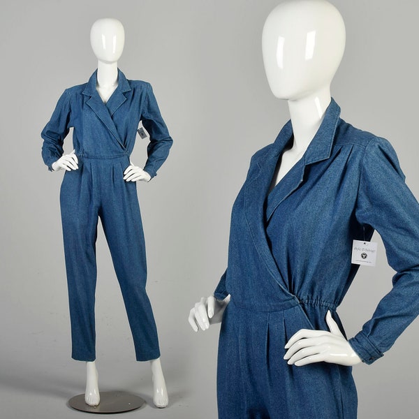 Medium 1980s Blue Jean Denim Jumpsuit Tapered Leg Faux Wrap Collared Long Sleeve Casual Outfit