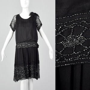 XXS 1920er Kleid Schwarz Seide Chiffon Kleid Stahl Perlen Kurze Ärmel Tiefer Taille Art Deco Flapper Cocktail 20s Vintage