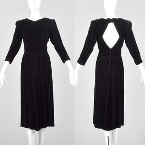 Medium 1980s Lanz Black Velvet Dress Vintage Puff Sleeve Party Dress Keyhole Back 80s Cocktail Dress Open Back