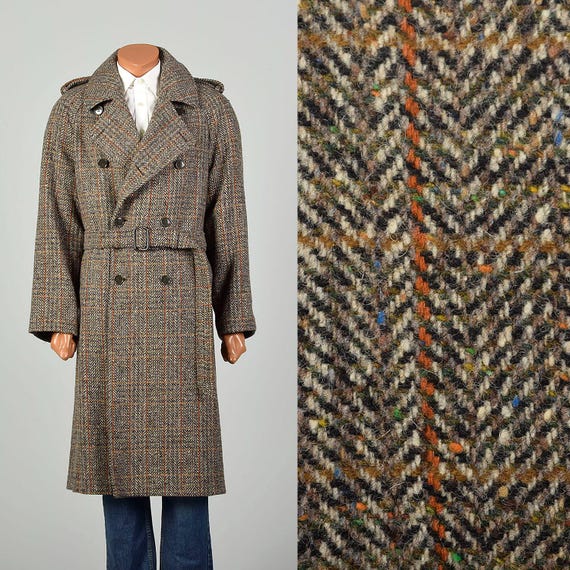 Medium Vintage 1970s Winter Plaid Wool Trench Coat Flecked