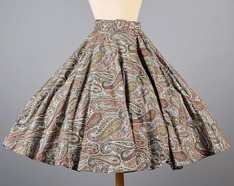S/M 1950s Skirt Full Circle Skirt Paisley Print Glitter Full Circle Skirt Orange Brown Green Mid Century Rockabilly Swing 1950s Vintage