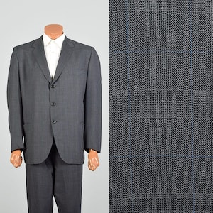 Large 1950s Vintage Gray and Blue Glen Plaid Three Button Suit Two Piece Suit